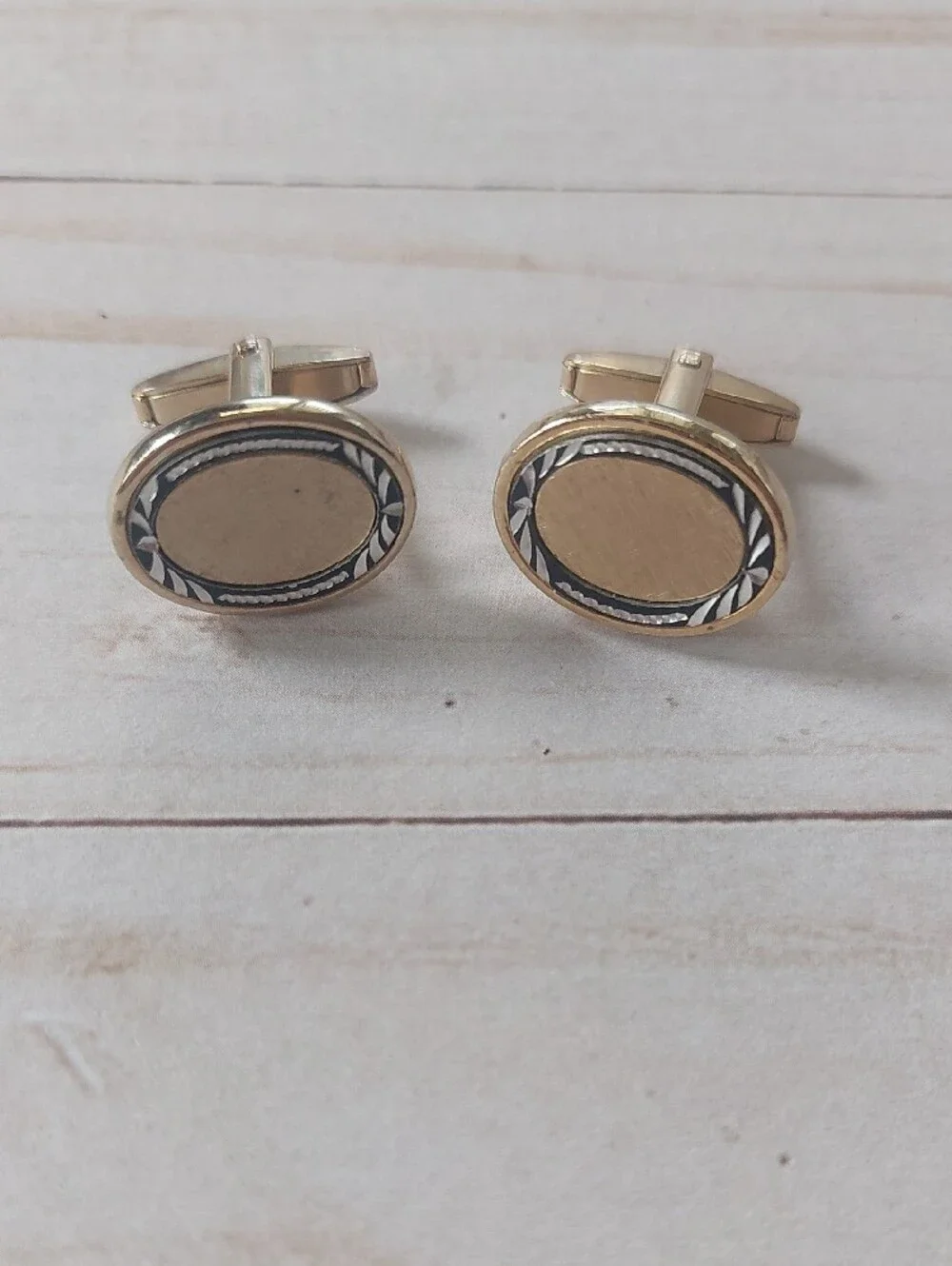 Gold-Tone Oval Cufflinks with Black Accent Border - Men's Accessories